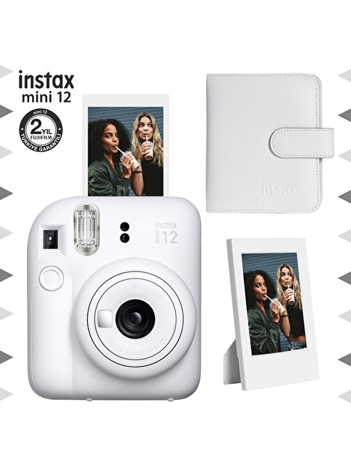 Instax mini 12 Beyaz Fotoğraf Makinesi-Çerçeve ve 64'lü Kare Albüm Seti