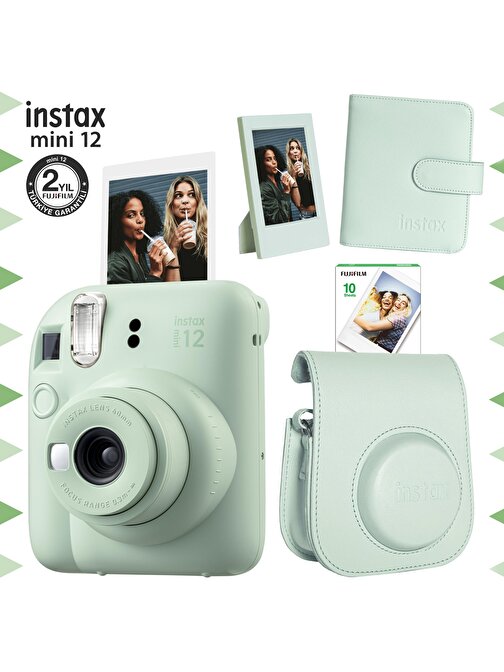 Instax mini 12 Yeşil Fotoğraf Makinesi-10'lu Film-Çerçeve-Kare Albüm ve Deri Kılıf Seti