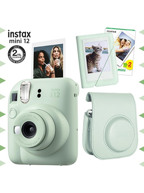 Instax mini 12 Yeşil Fotoğraf Makinesi-20'lu Film-Mini Albüm ve Deri Kılıf Seti