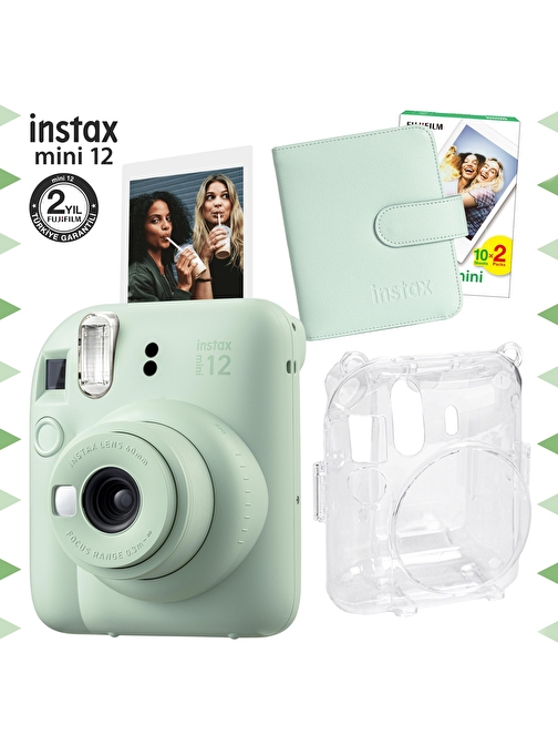 Instax mini 12 Yeşil Fotoğraf Makinesi-20'lu Film-Kare Albüm ve Şeffaf Kılıf Seti