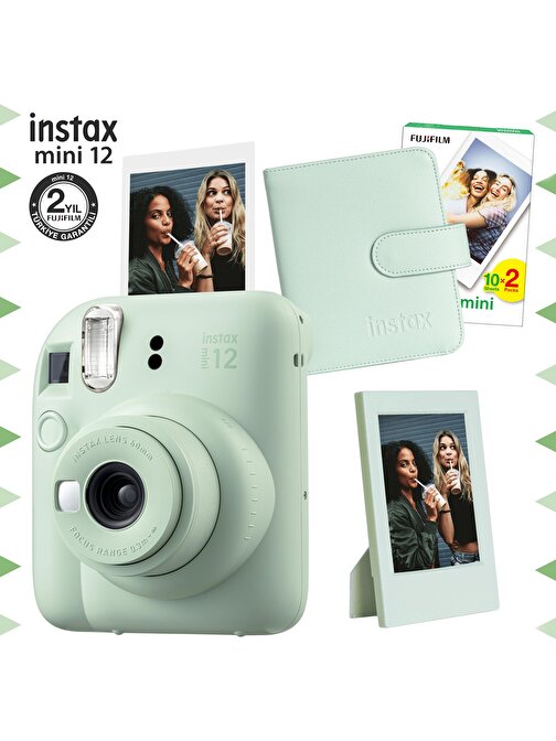 Instax mini 12 Yeşil Fotoğraf Makinesi-20'li Film-Çerçeve ve Kare Albüm Seti