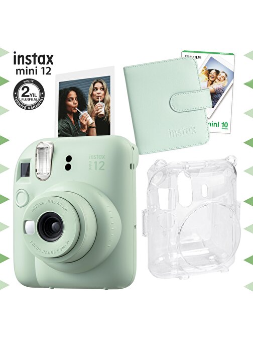 Instax mini 12 Yeşil Fotoğraf Makinesi-10'lu Film-Kare Albüm ve Şeffaf Kılıf Seti