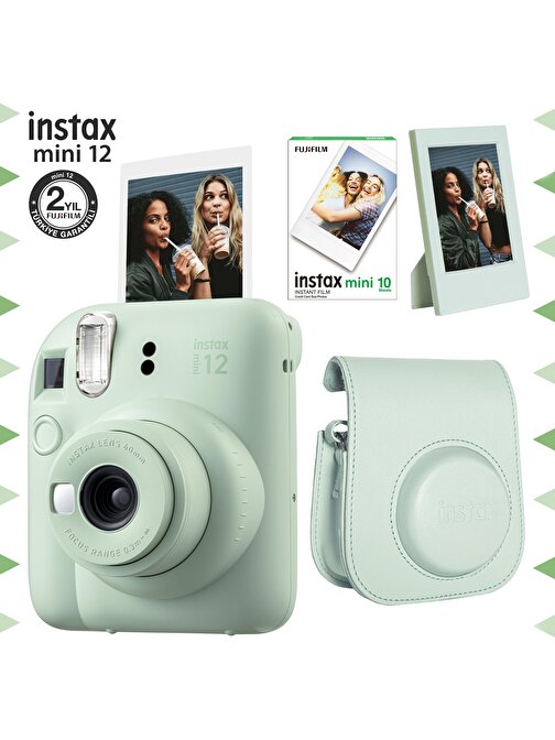 Instax mini 12 Yeşil Fotoğraf Makinesi-10'lu Film-Çerçeve ve Deri Kılıf Seti