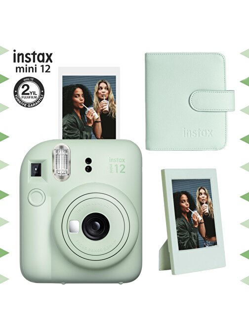 Instax mini 12 Yeşil Fotoğraf Makinesi-Çerçeve ve 64'lü Kare Albüm Seti