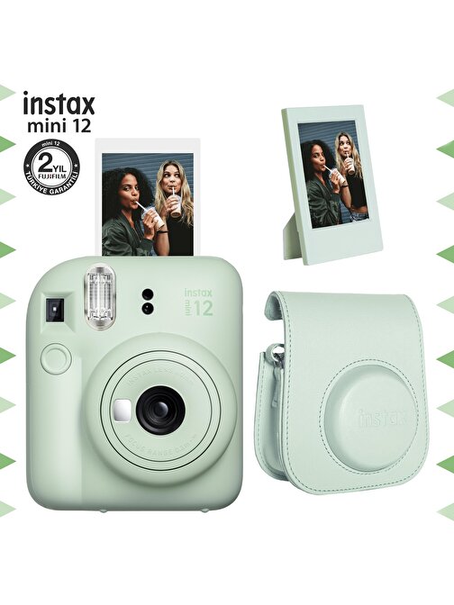 Instax mini 12 Yeşil Fotoğraf Makinesi-Çerçeve ve Deri Kılıf Seti