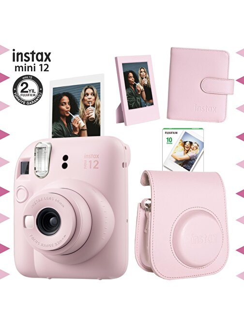 Instax mini 12 Pembe Fotoğraf Makinesi-10'lu Film-Çerçeve-Kare Albüm ve Deri Kılıf Seti