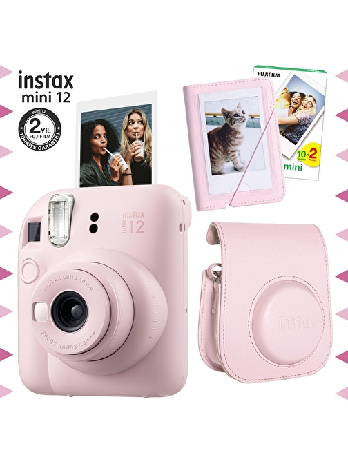 Instax mini 12 Pembe Fotoğraf Makinesi-20'lu Film-Mini Albüm ve Deri Kılıf Seti