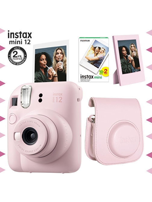 Instax mini 12 Pembe Fotoğraf Makinesi-20'li Film-Çerçeve ve Deri Kılıf Seti