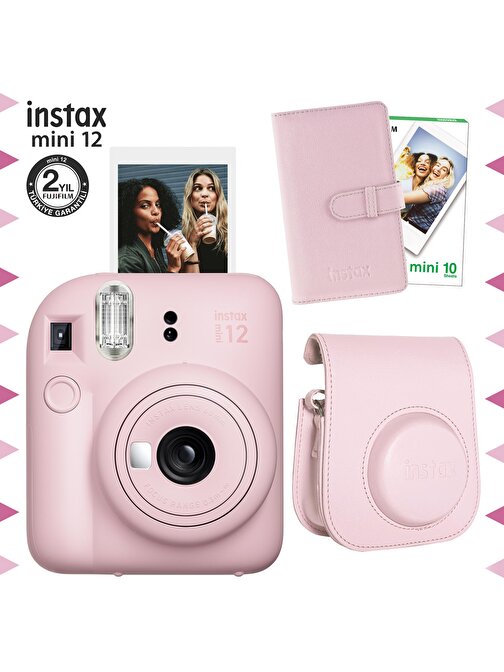 Instax mini 12 Pembe Fotoğraf Makinesi-10'lu Film-Laporta Albüm ve Deri Kılıf Seti