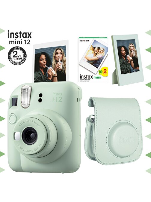 Instax mini 12 Yeşil Fotoğraf Makinesi-20'li Film-Çerçeve ve Deri Kılıf Seti