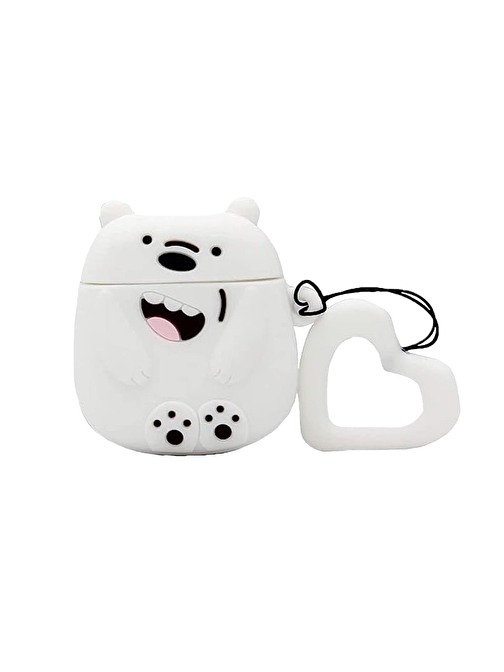 E2M Airpods 1 - 2. Nesil Uyumlu Bare Bear Desenli Silikon Bluetooth Kulaklık Kılıfı Beyaz