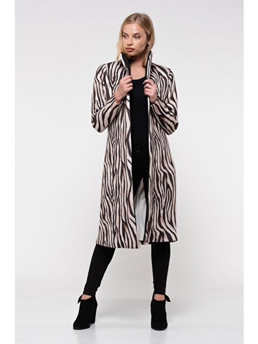 Kemerli Zebra Desenli Uzun Kadın Ceket