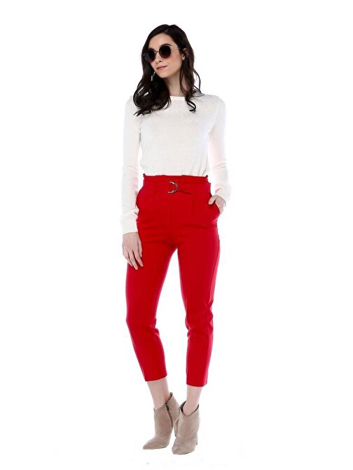 Yüksek Bel Tokalı Kırmızı Bilek Kadın Pantolon