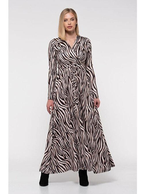 V Yaka Dekolte Zebra Desenli Kemerli Kadife Elbise