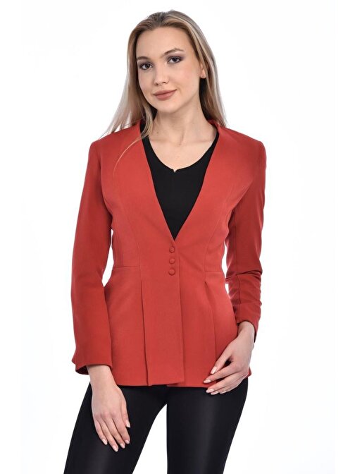 Düğme ve Pile Detaylı Blazer Kiremit Kadın Ceket