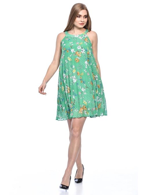 Askılı Sıfır Kol Astarlı Pileli Çiçekli Yeşil Kadın Elbise
