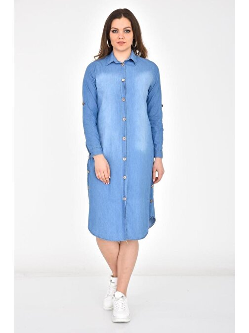 Yandan ve Önden Düğmeli Açık Mavi Kadın Elbise
