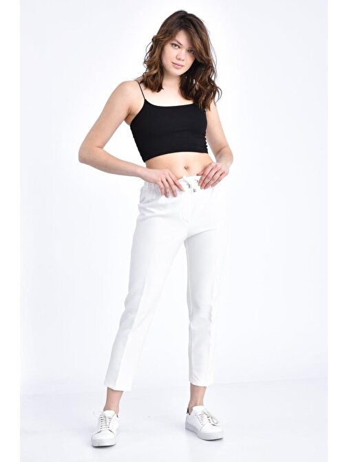 Belden Lastikli ve Bağcıklı Beyaz Bilek Kadın Pantolon