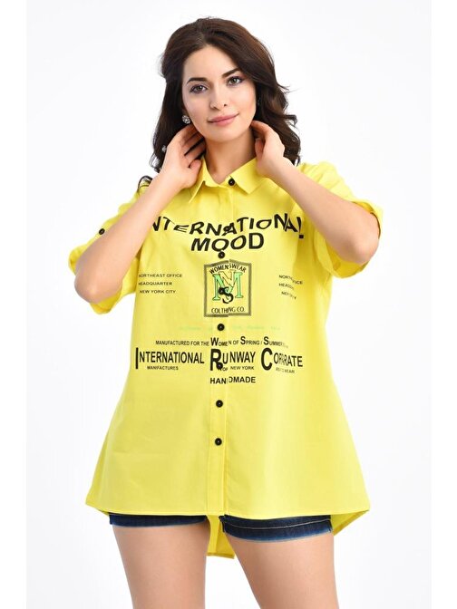 Baskılı Kısa Kollu Sarı Kadın Gömlek