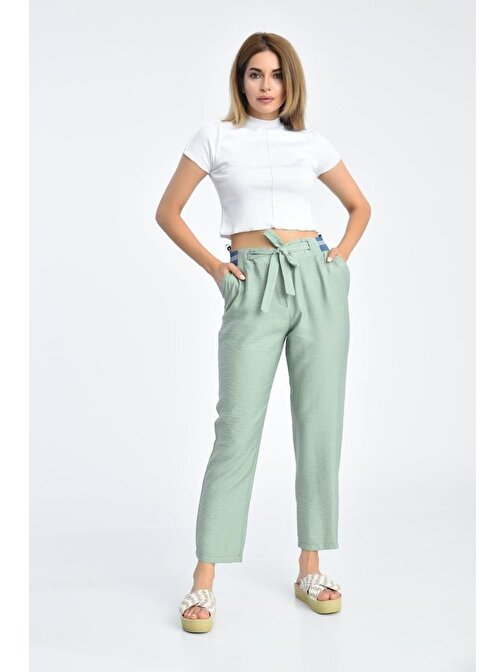 Bağcıklı Belden Lastikli Mint Yeşil Kadın Pantolon