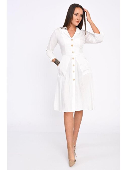 Kruvaze Yaka Cep Düğmeli ve Sırt Detaylı Beyaz Kadın Elbise
