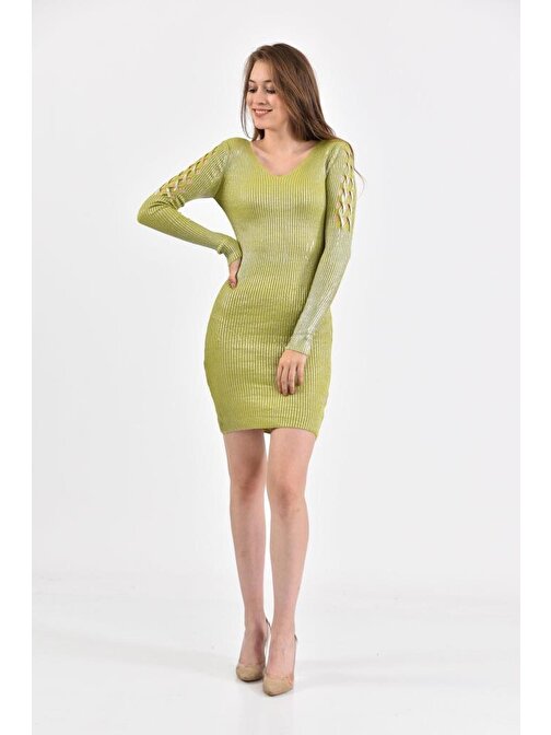 V Yaka Kol Detaylı Triko Yeşil Kadın Elbise
