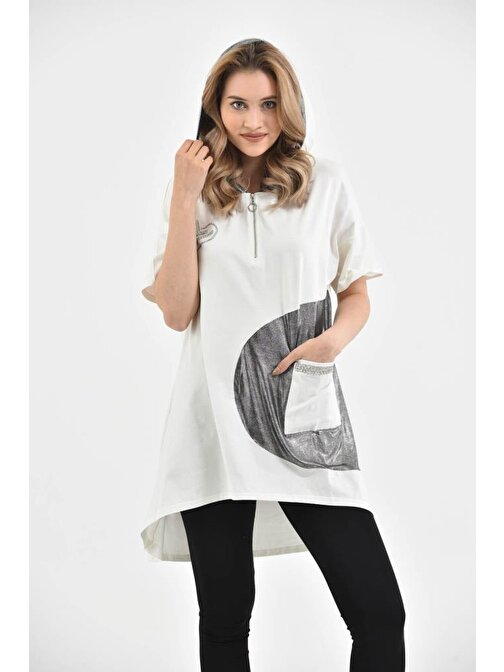 Kapüşonlu Fermuarlı Taş Dizinli Cepli Beyaz Kadın Elbise