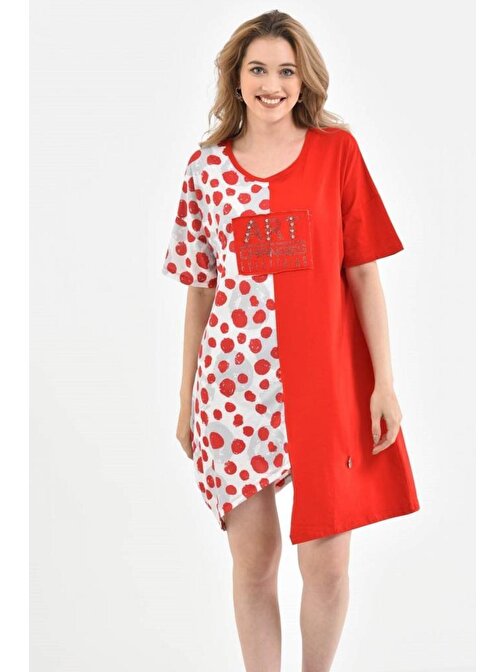 Yuvarlak Yaka Puantiyeli ve Taşlı Kırmızı-Beyaz Kadın Elbise