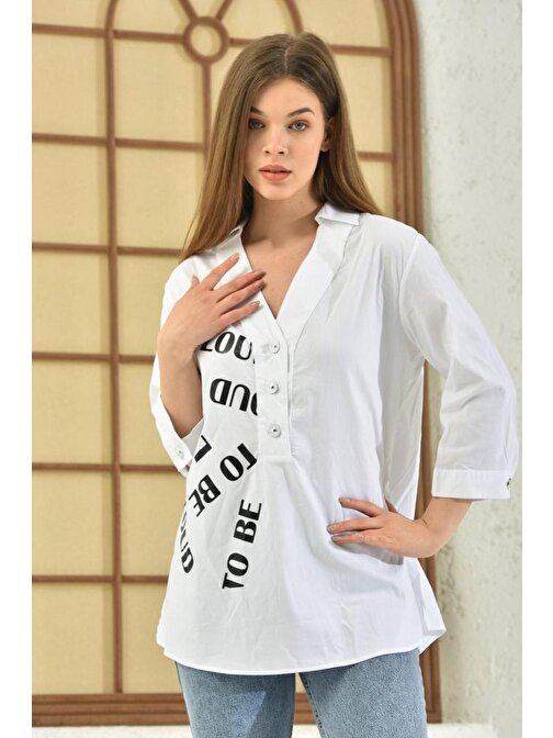 Gömlek Yaka Baskılı Uzun Kollu Beyaz Kadın Bluz