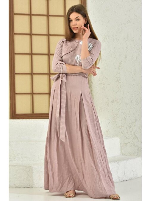Nakışlı Taşlı ve Düğmeli Bağcıklı Uzun Pudra Kadın Elbise