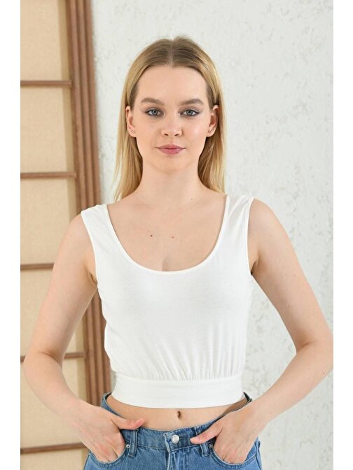 Askılı Belden Lastikli Beyaz Kadın Crop Bluz