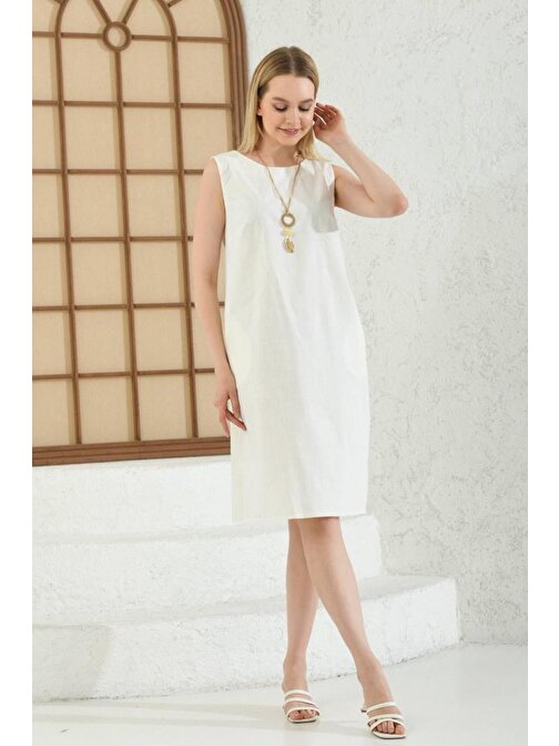 Yandan Cepli Takı Detaylı Kolsuz Beyaz Kadın Elbise