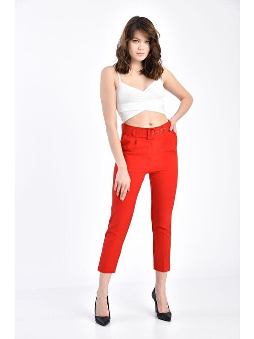 Kemerli Kırmızı Bilek Kadın Pantolon