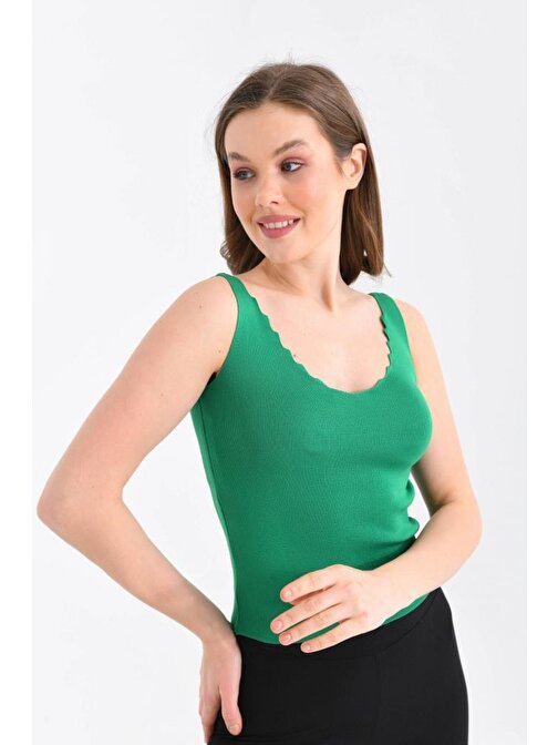 Askılı Merdiven Desenli Kadın Yeşil Crop Triko Bluz
