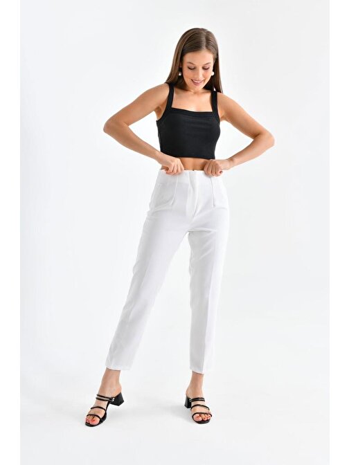 Yüksel Bel Pileli Dar Paça Beyaz Kadın Pantolon
