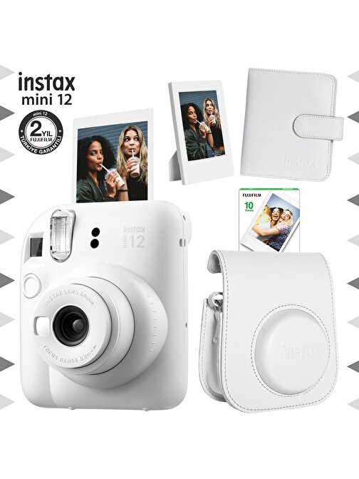 Instax mini 12 Beyaz Fotoğraf Makinesi-10'lu Film-Çerçeve-Kare Albüm ve Deri Kılıf Seti