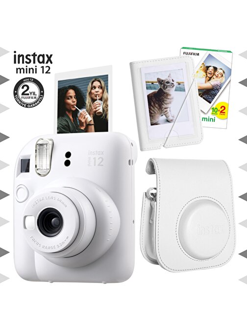 Instax mini 12 Beyaz Fotoğraf Makinesi-20'lu Film-Mini Albüm ve Deri Kılıf Seti
