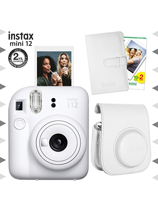 Instax mini 12 Beyaz Fotoğraf Makinesi-20'li Film-Laporta Albüm ve Deri Kılıf Seti