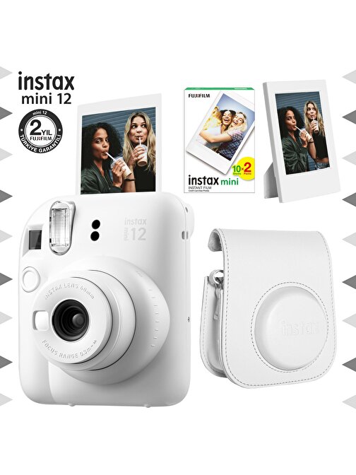 Instax mini 12 Beyaz Fotoğraf Makinesi-20'li Film-Çerçeve ve Deri Kılıf Seti