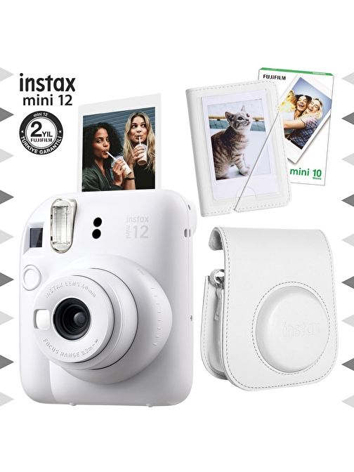 Instax mini 12 Beyaz Fotoğraf Makinesi-10'lu Film-Mini Albüm ve Deri Kılıf Seti