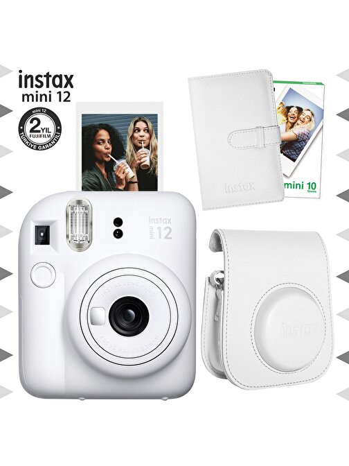 Instax mini 12 Beyaz Fotoğraf Makinesi-10'lu Film-Laporta Albüm ve Deri Kılıf Seti