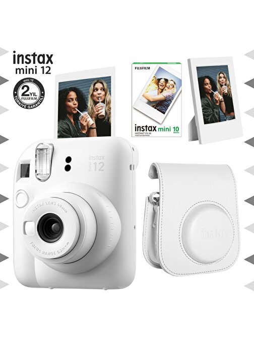Instax mini 12 Beyaz Fotoğraf Makinesi-10'lu Film-Çerçeve ve Deri Kılıf Seti