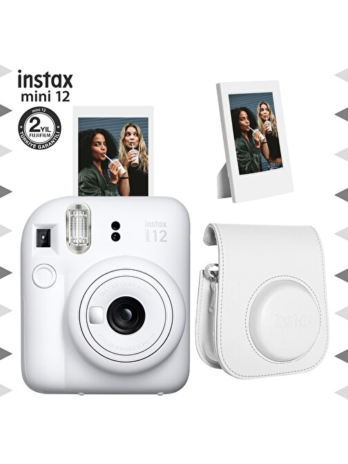 Instax mini 12 Beyaz Fotoğraf Makinesi-Çerçeve ve Deri Kılıf Seti