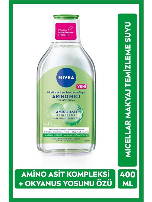 Nivea Micellar Makyaj Temizleme Suyu Amino Asit ve Arındırıcı Okyanus Yosunu Özü 400 ml, Yüz,Göz ve Dudak için