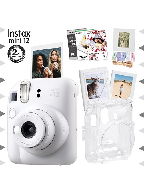 Instax mini 12 Beyaz Fotoğraf Makinesi-30'lu Film-Albüm-Mandal-Çerçeve ve Kılıf Mega Set 3