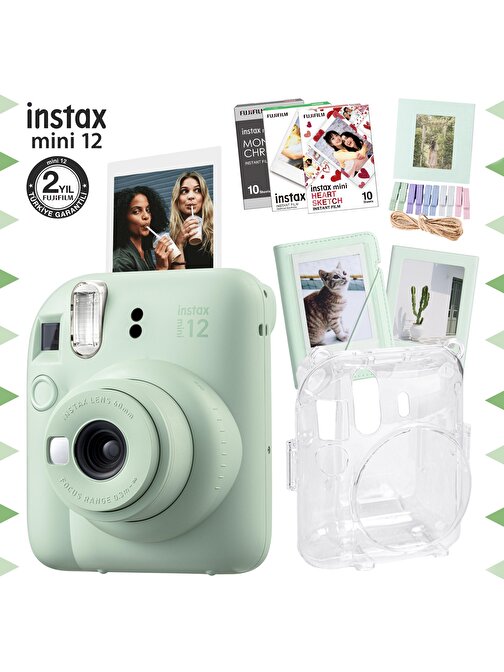 Instax mini 12 Yeşil Fotoğraf Makinesi-30'lu Film-Albüm-Mandal-Çerçeve ve Kılıf Mega Set 3