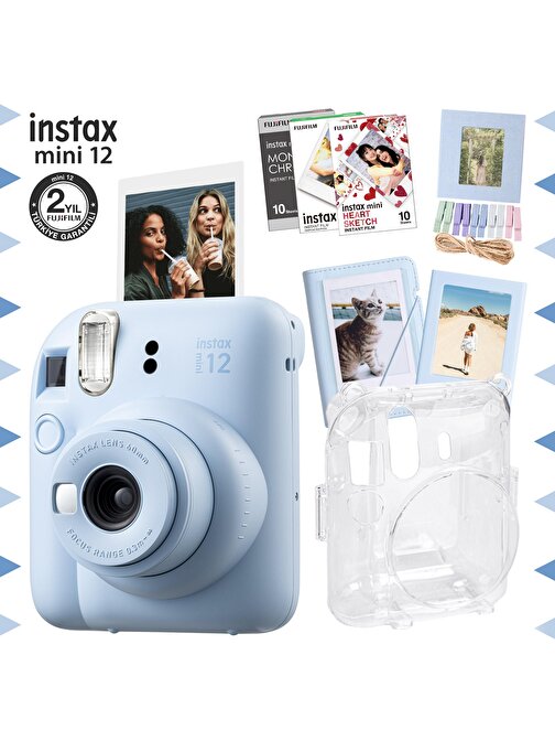 Instax mini 12 Mavi Fotoğraf Makinesi-30'lu Film-Albüm-Mandal-Çerçeve ve Kılıf Mega Set 3