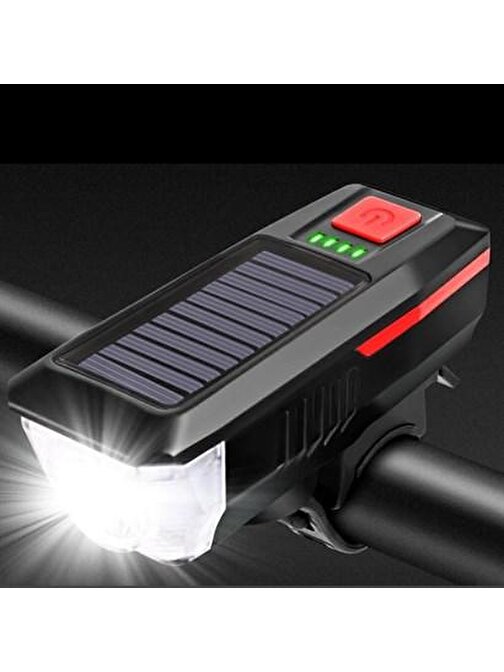 BUFFER® Solar Enerjili USB ile Şarj Edilebilir Ledli Bisiklet Feneri Kornalı ve Su Geçirmez Far