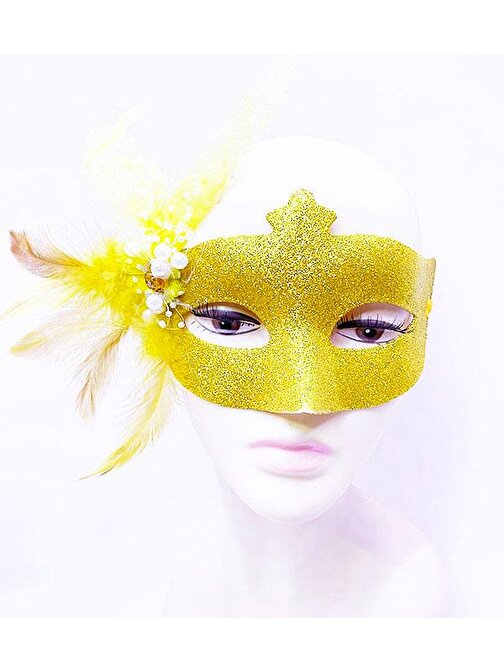 nefertiya Sim İşlemeli İnci Boncuk Detaylı Tüylü Balo Maskesi Altın Renk 13x18 cm