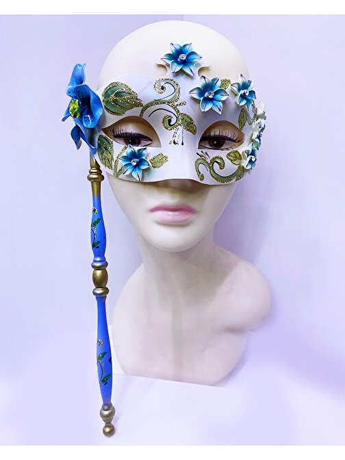 nefertiya Mavi Renk Çiçek İşlemeli Tutmalı Venedik Göz Maskesi 33x17 cm
